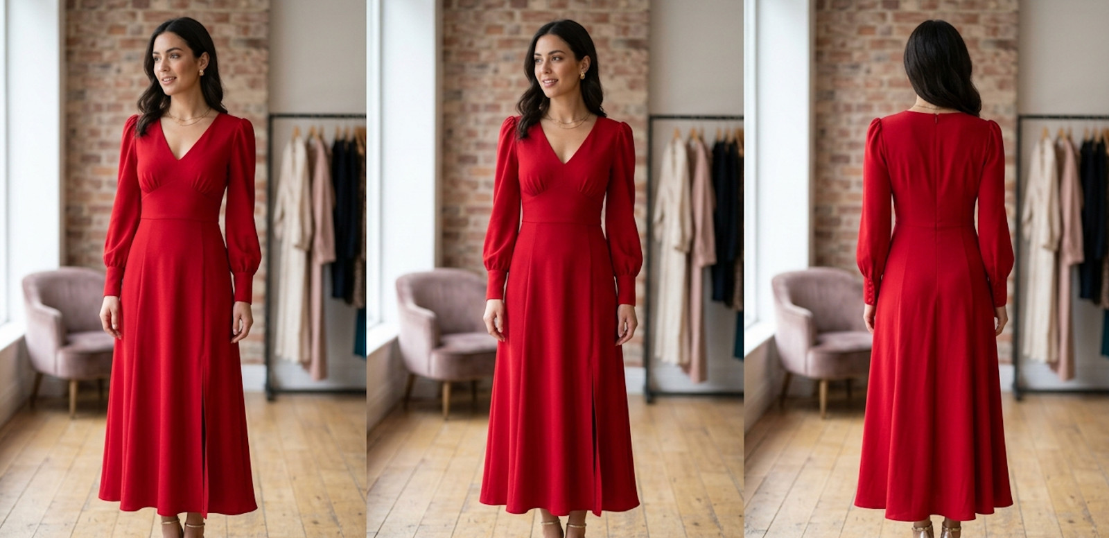 Elegant Red V-Neck Midi Dress - Long Sleeve A-Line Evening Party Dress w/ Slit