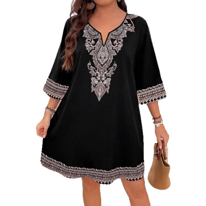 Women’s Printed V-Neck Dress 3/4 Sleeve Casual Elegant Midi Summer Outfit