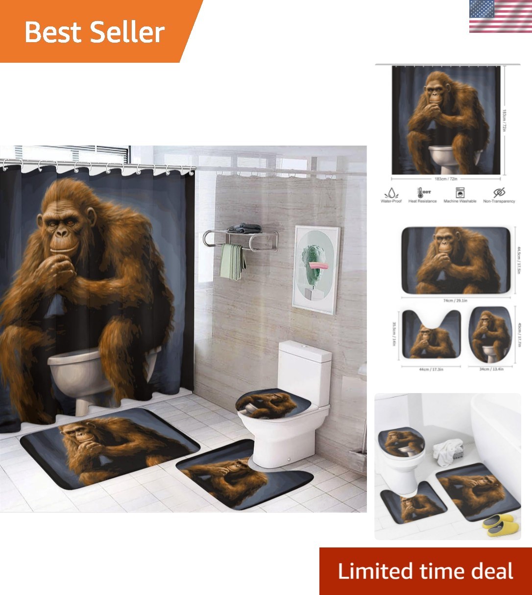 Quirky Bigfoot Shower Curtain Set: 4-Piece Bathroom Accessories for Fun Homes