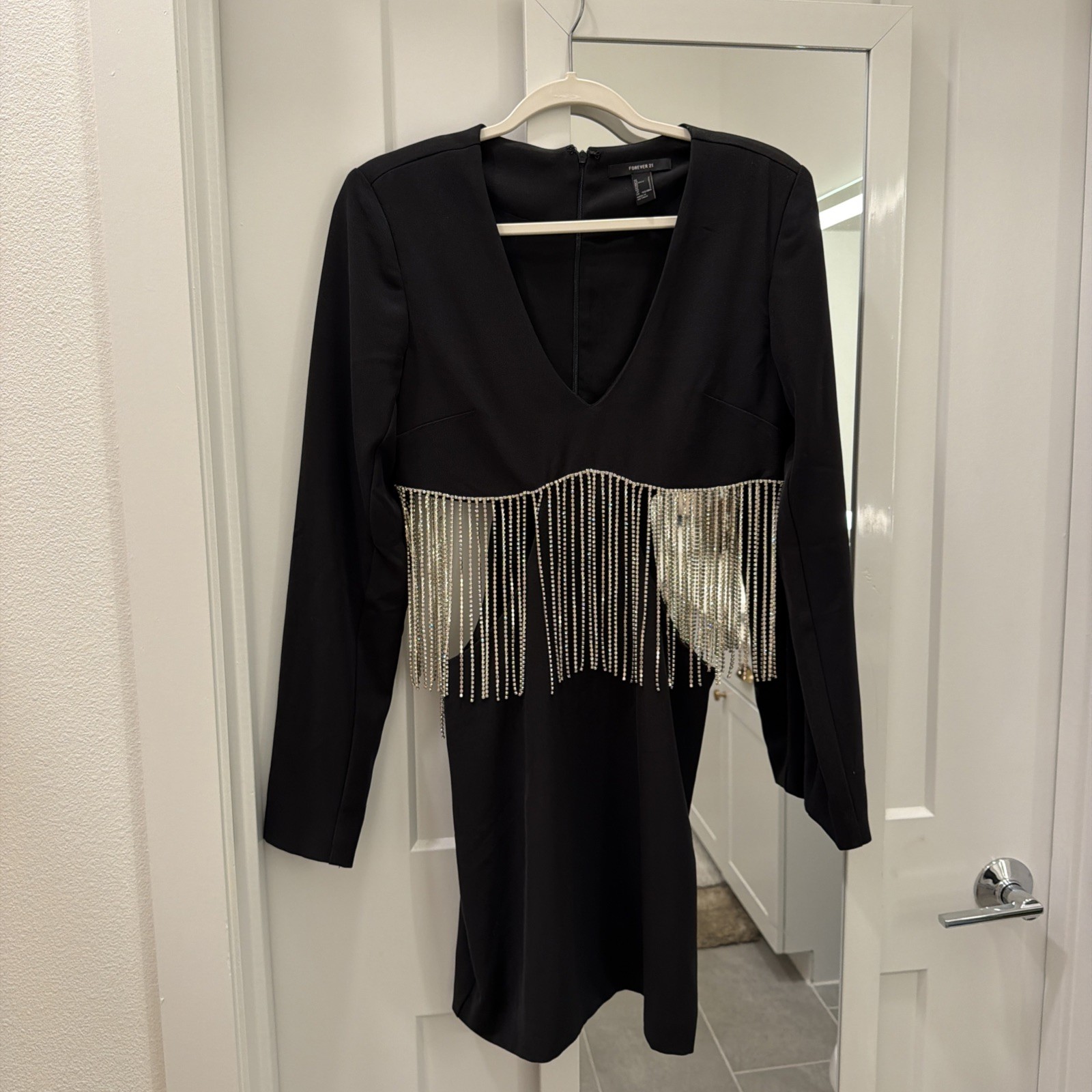 Forever 21 Black Rhinestone Fringe Party Dress Womens S V-Neck New Year's READ