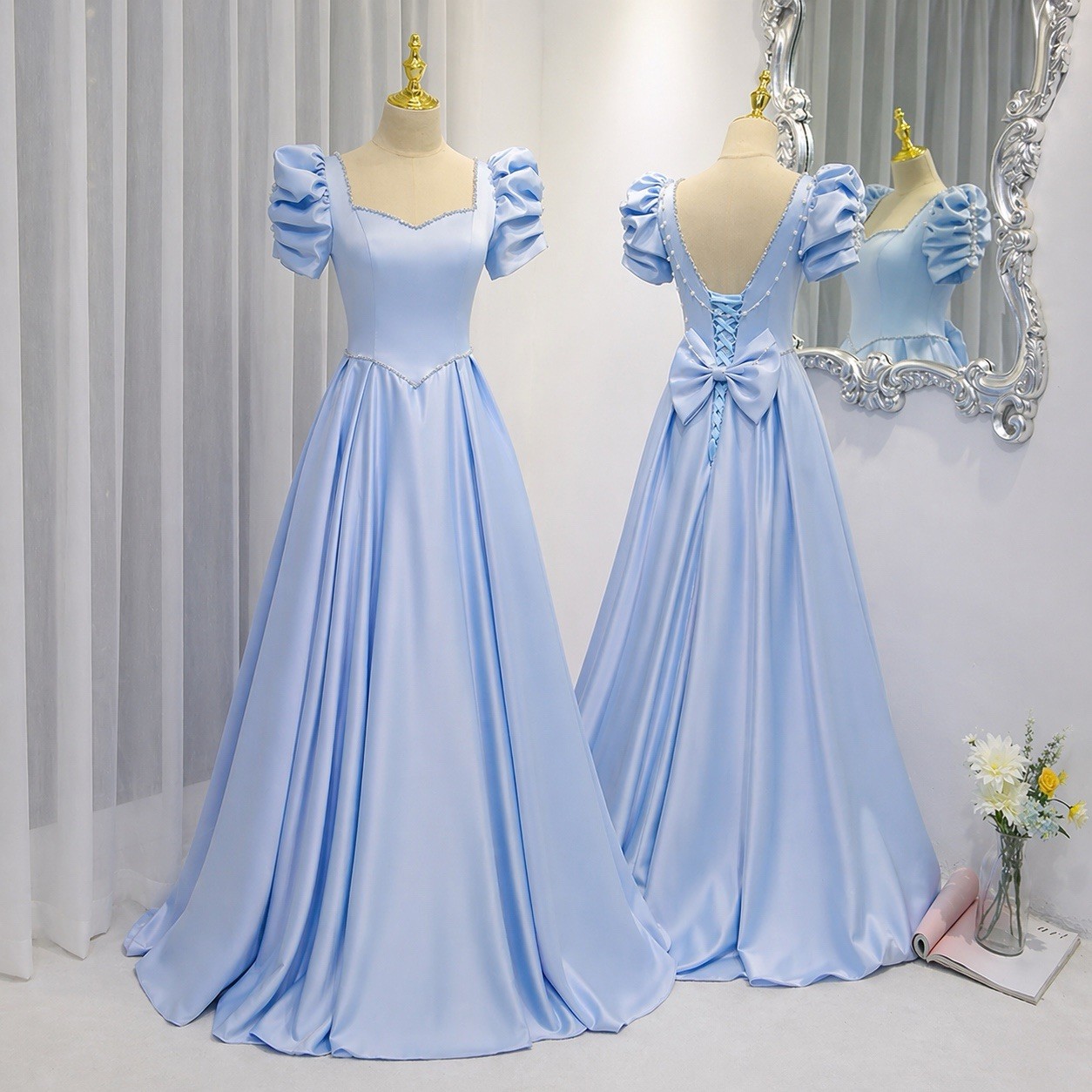 Cinderella Satin Blue Ball Gown Wedding Guest Dress Prom Dress Princess Dress
