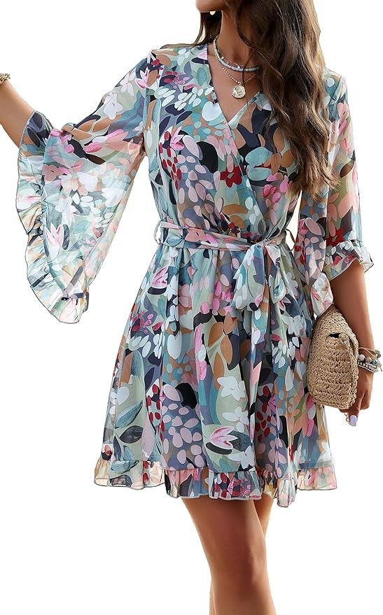 Women Mini Dress, Deep V-Neck Long Sleeve Waist Tie Ruffle Green Dress, Size M