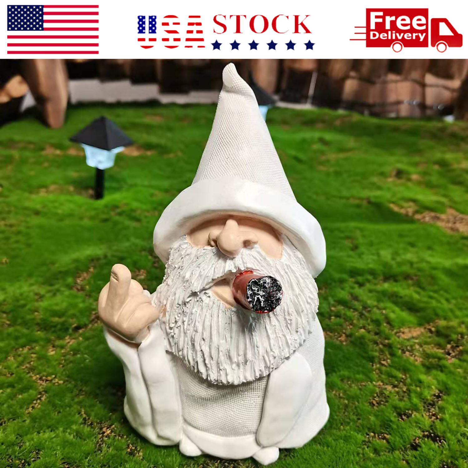 Smoking White Wizard Gnome Middle Finger Lawn Ornament Statue Garden Yard Decor