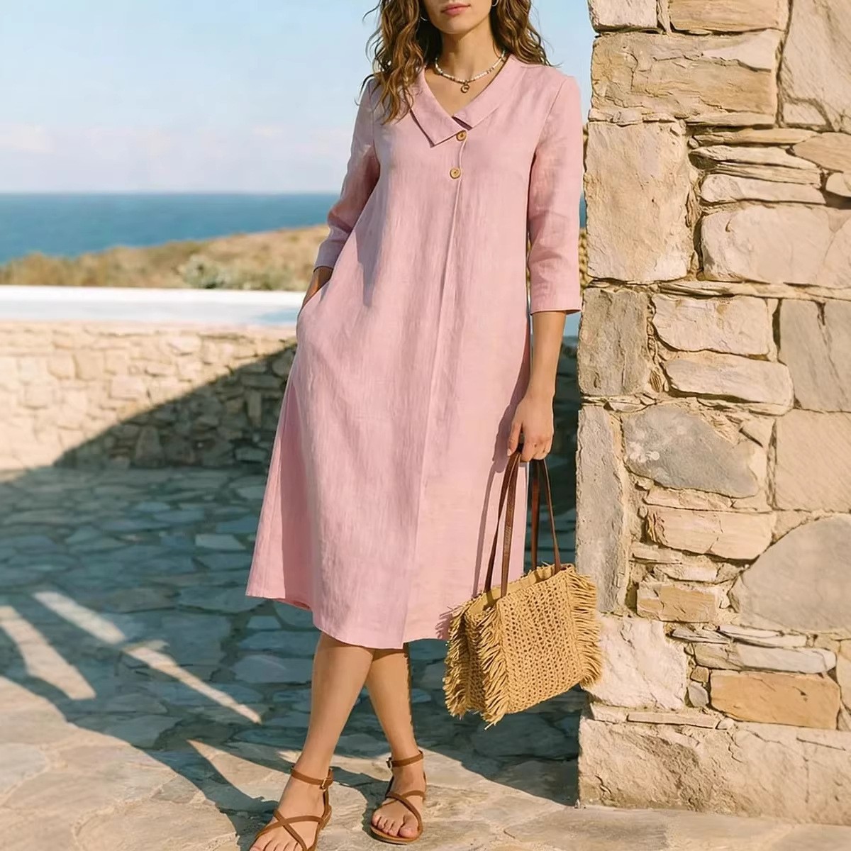 Women’s Linen Irregular Hem Shirt Dress Suit Collar Casual Elegant Midi Dress