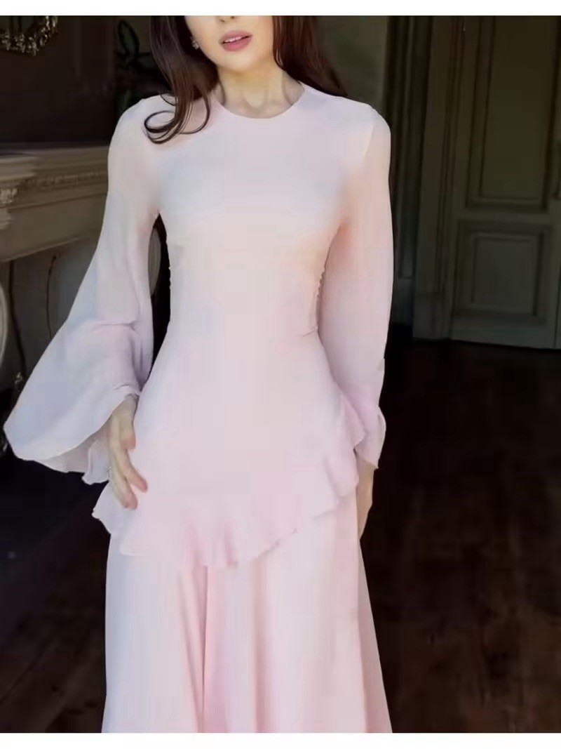 Women's Elegant Long Sleeve Maxi Dress - -Length Gown with Round Neck