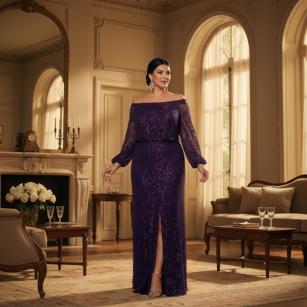 Elegant Xscape Plum Sequin Lace Gown | Size 16W | NWT