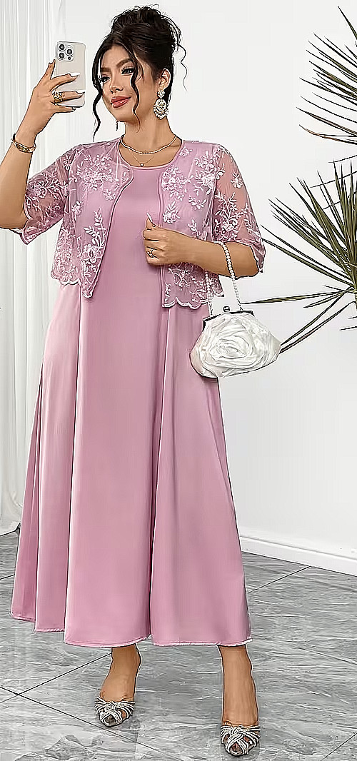Elegant Plus Size Embroidered Mesh Dress Set