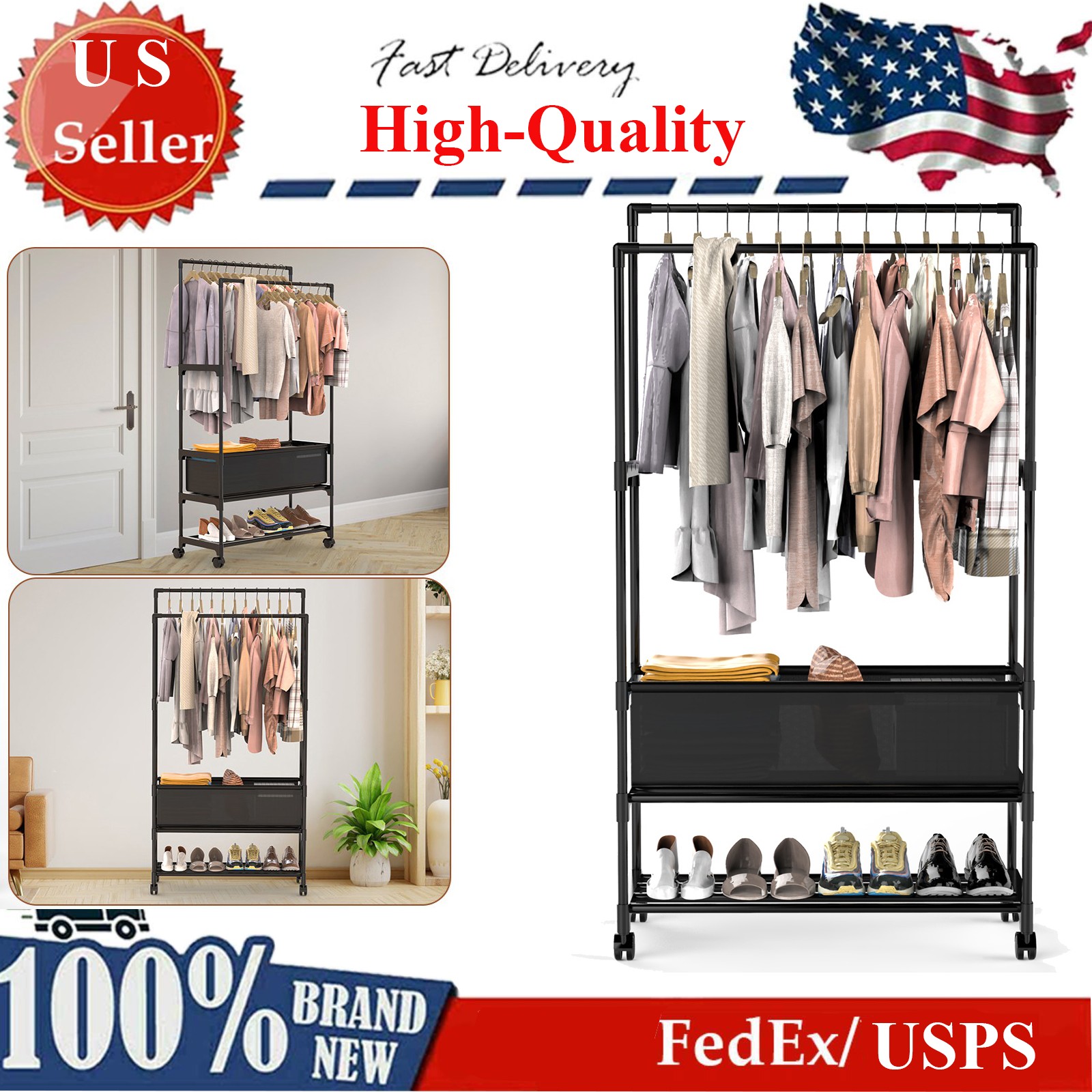 Heavy Duty Clothing Garment Rack Rolling Clothes Organizer Double Rails Hanging