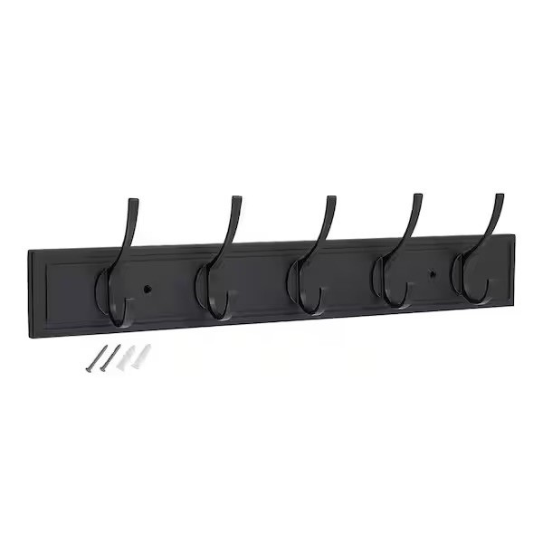 27 In. Matte Black Hook Rack with 5 Matte Black Hooks