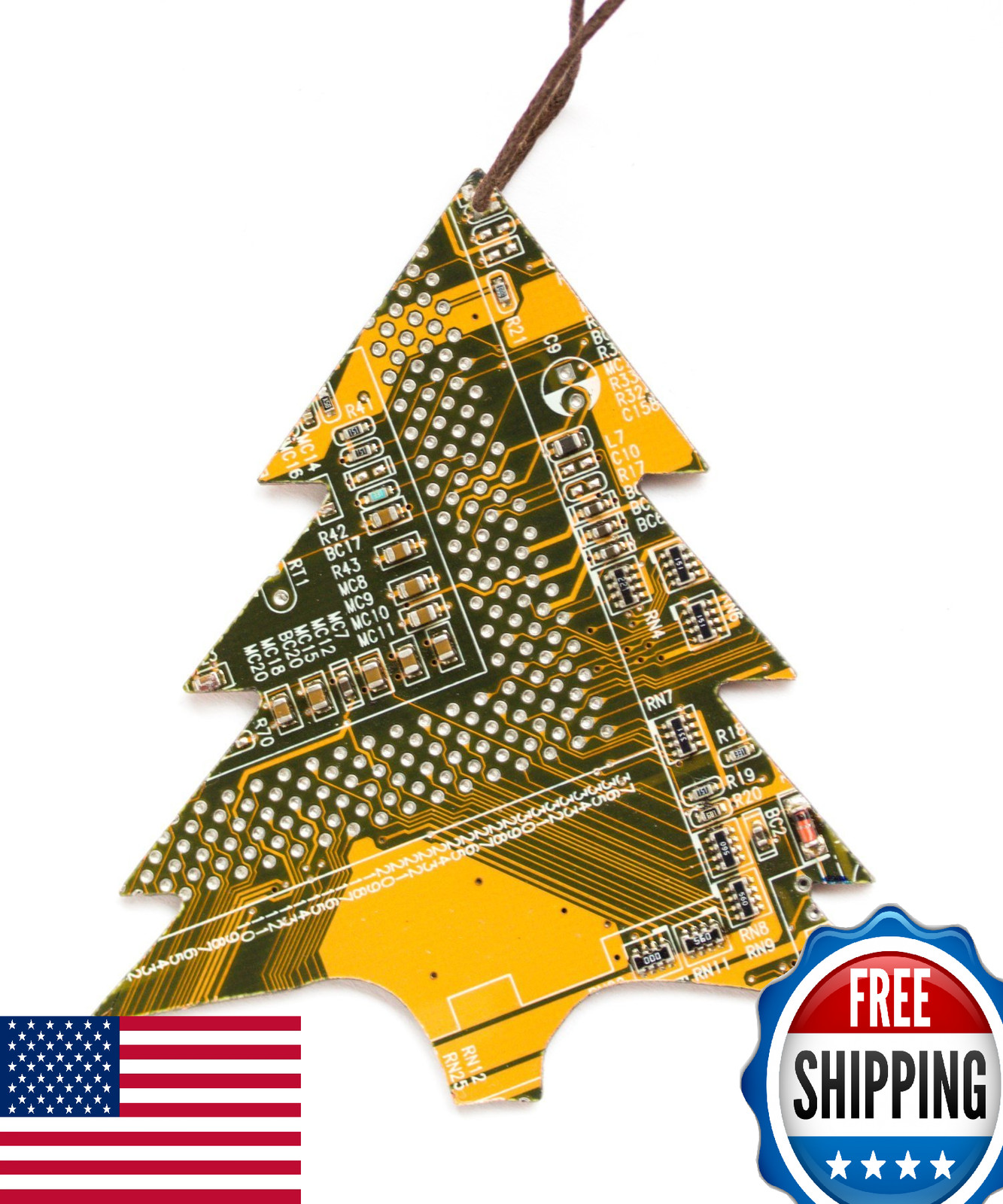 Recycled Circuit Board Christmas Tree Ornament - Yellow, Tech Gift