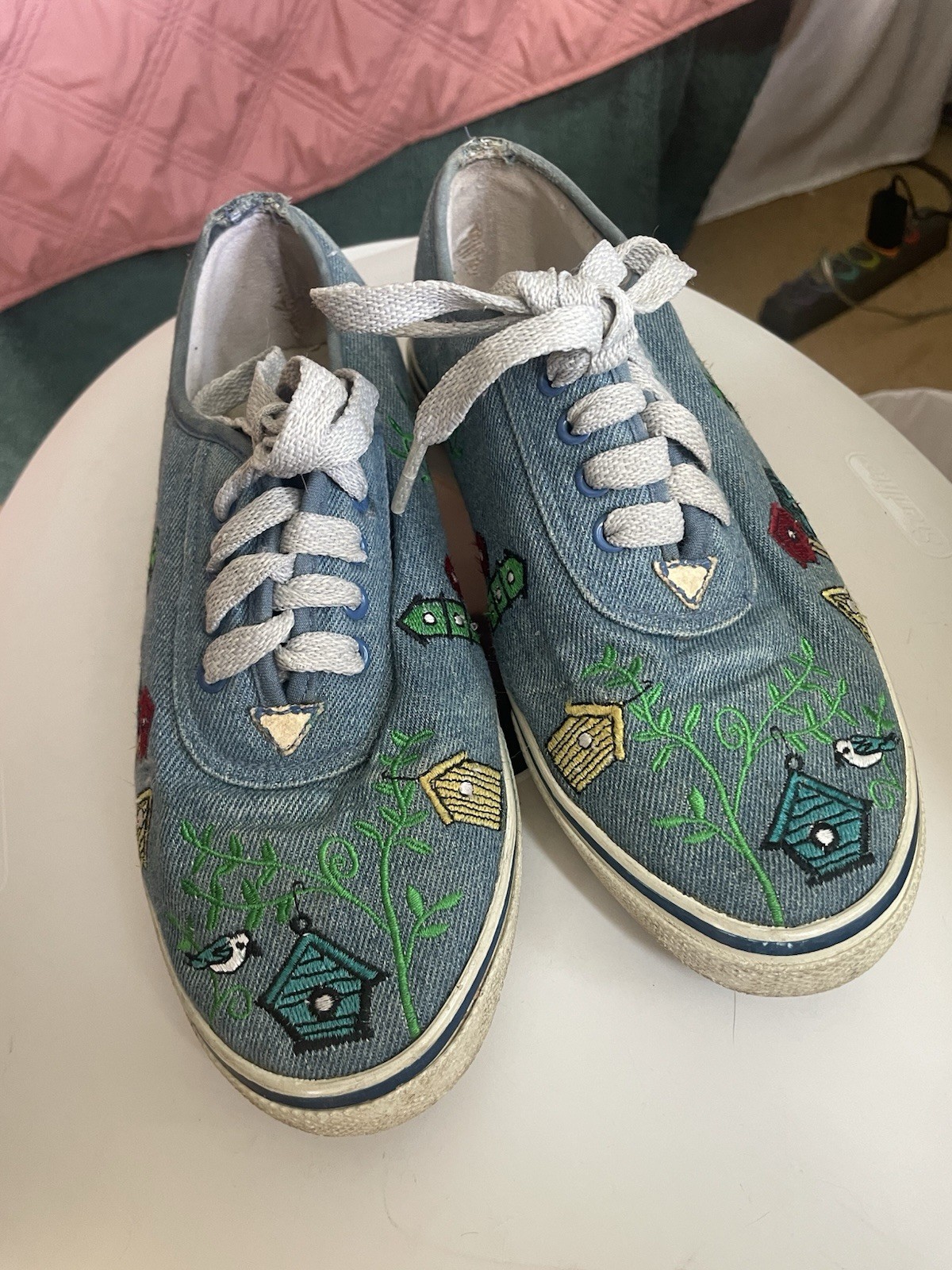 Vintage Sebastino Denim Embroidered Birdhouse Statement Sneakers