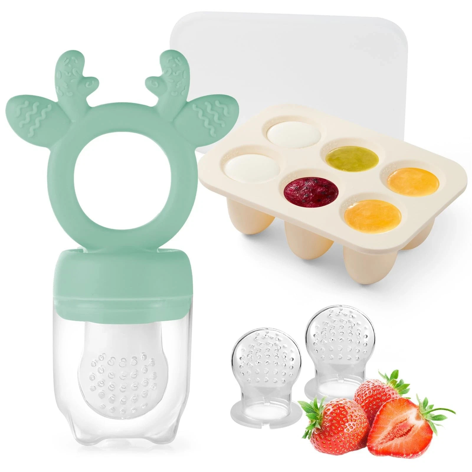 Baby Fruit Food Feeder with Popsicle Mold, Cute Teething Toys Silic