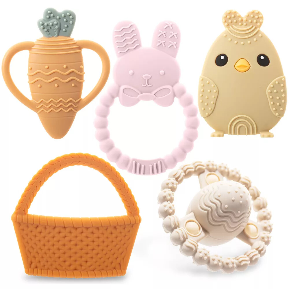 Cute Easter Baby Teether Set, Easter Bunny, Carrot, Chicken, Rattle Egg & Easter