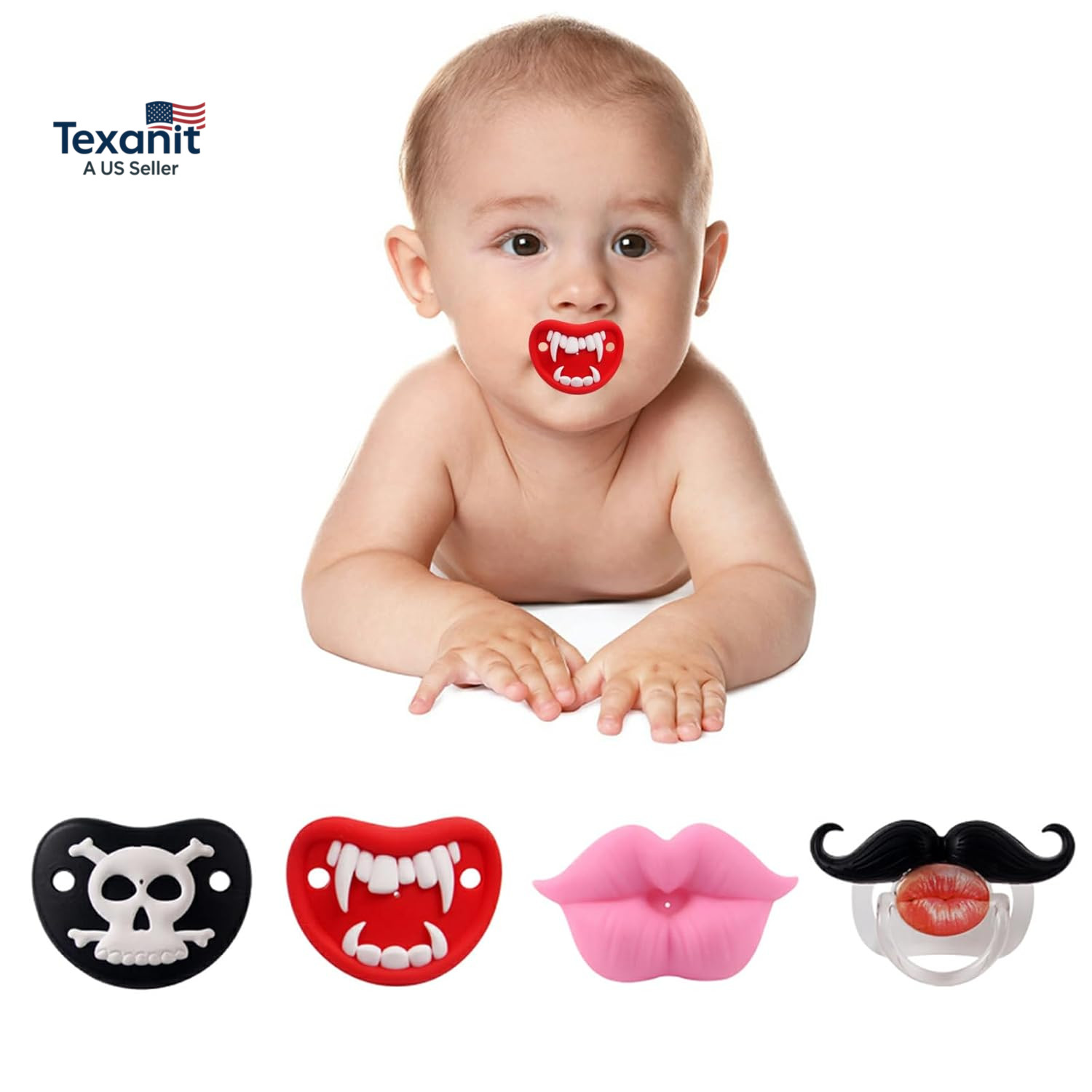 Halloween 4-Pack Funny Baby Pacifier, Cute Kiss Lips Mustache Binkies, Vampire B