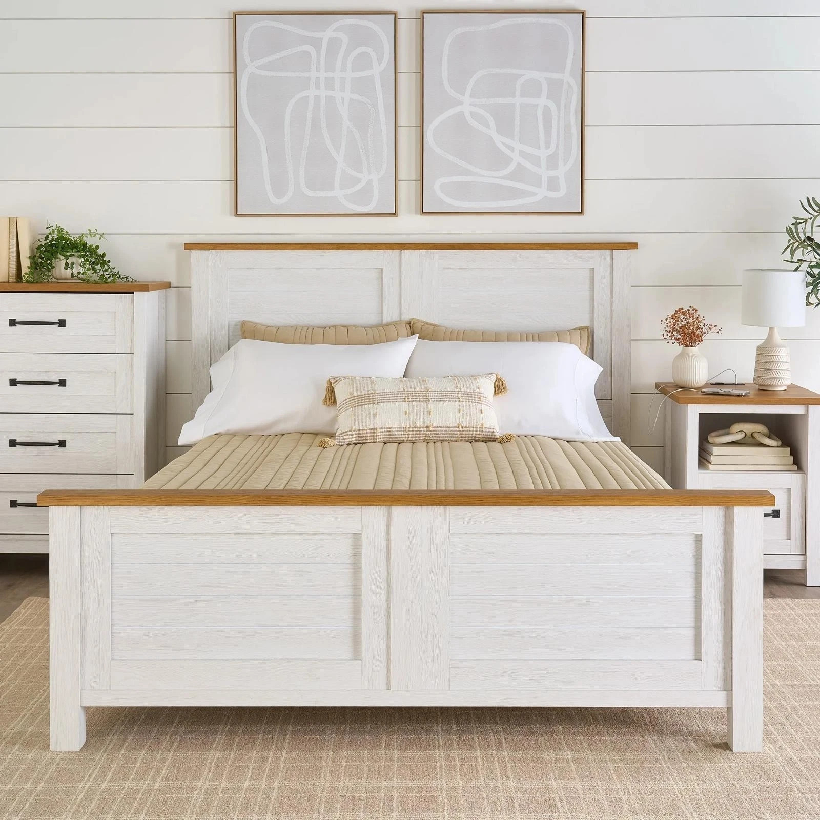 Modern Farmhouse Queen Platform Bed In Alabaster And Light Honey No Box Springs