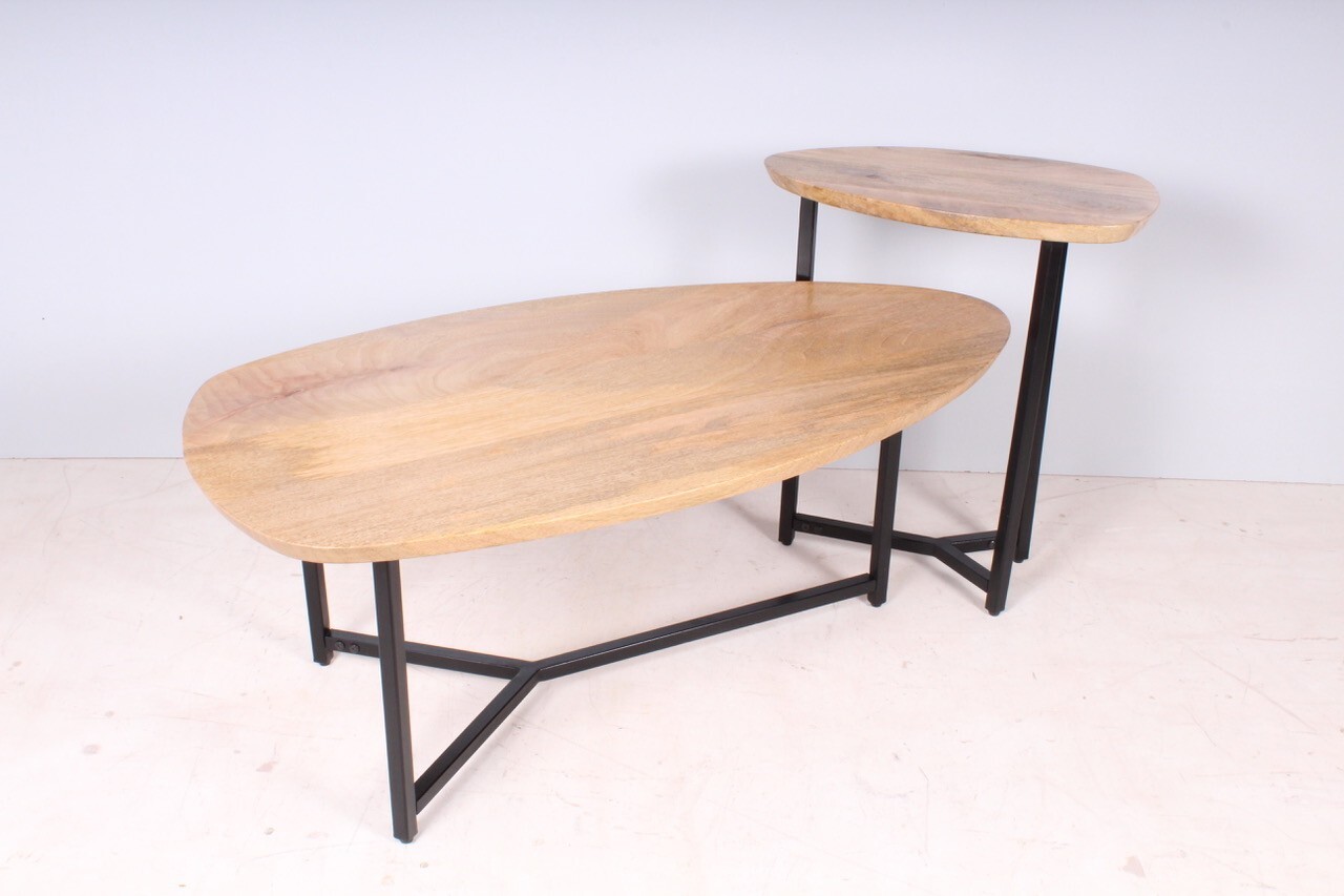 Mango Table Set, Iron 2 pic natural mango wood with iron Legs living room