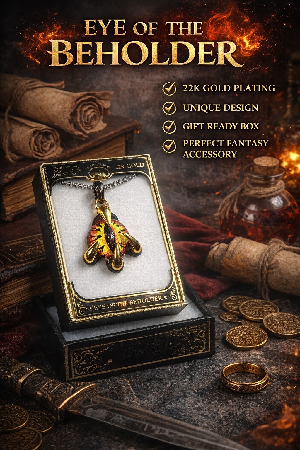Eye of the Beholder 22K Gold Plated Fantasy Eye Pendant Necklace Gift Ready Box