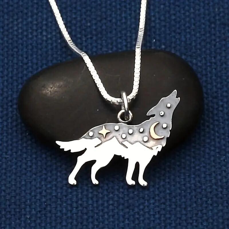 Vintage Wolf Howling Pendant Necklace Silver Plated Unique Gift Women Men