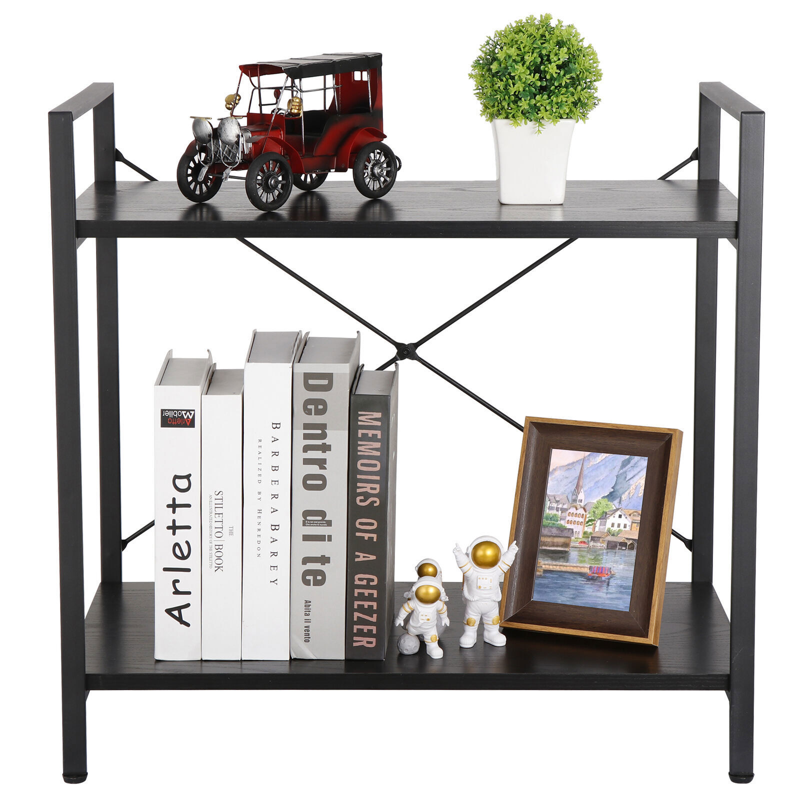 2-tier Low Sturdy Bookcase Metal Bookshelf for Small Place Cozy Home Book Rack