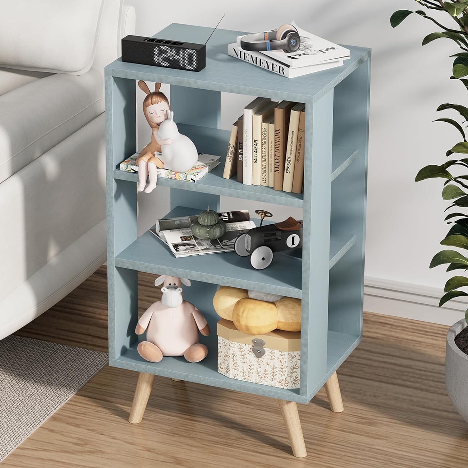Night Stand, Blue Nightstand, Modern End Table with Open Storage, 3-Tier Nurs...