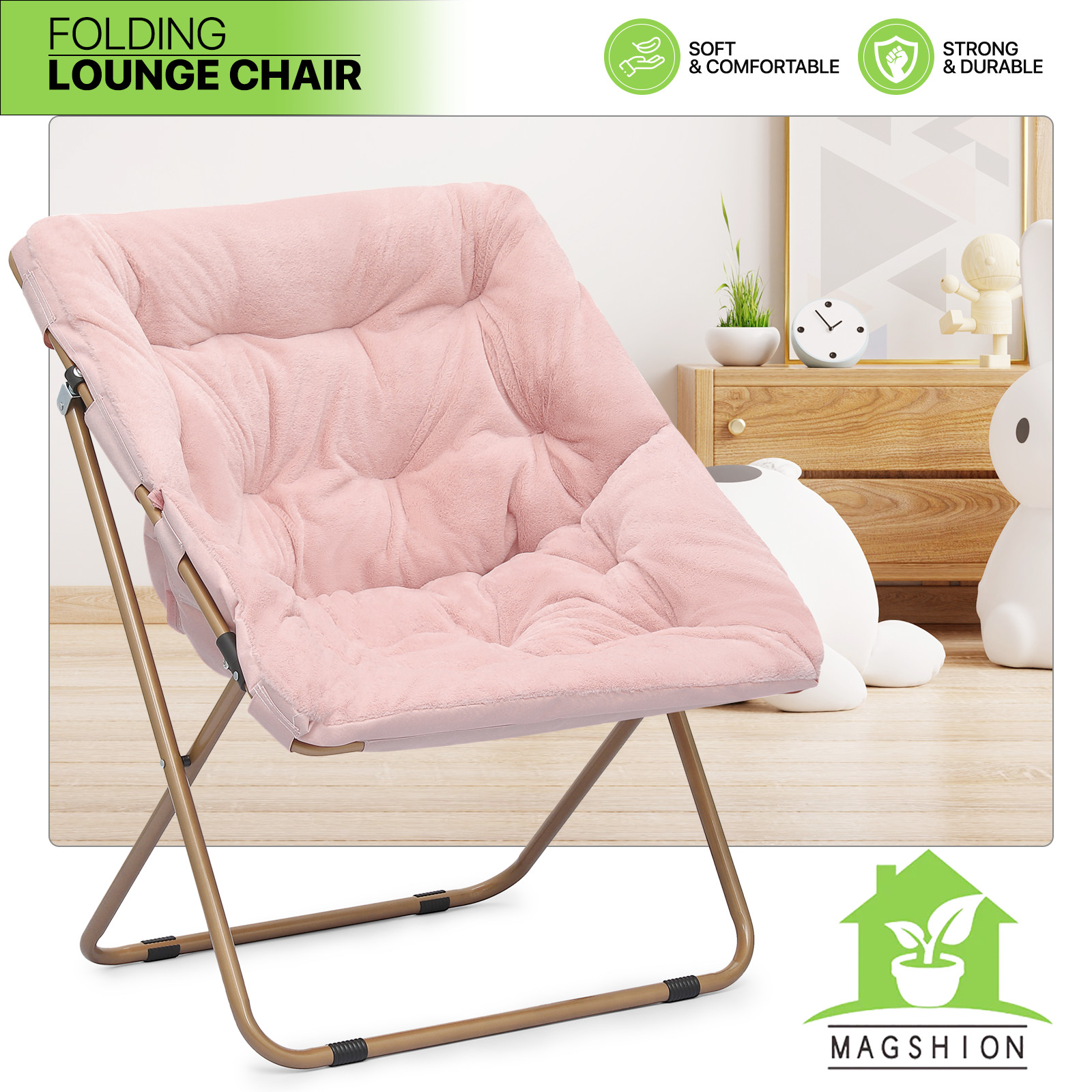 27.5" Foldable Soft Pink Faux Fur Saucer Chair Home Metal Frame Cozy Moon Chair