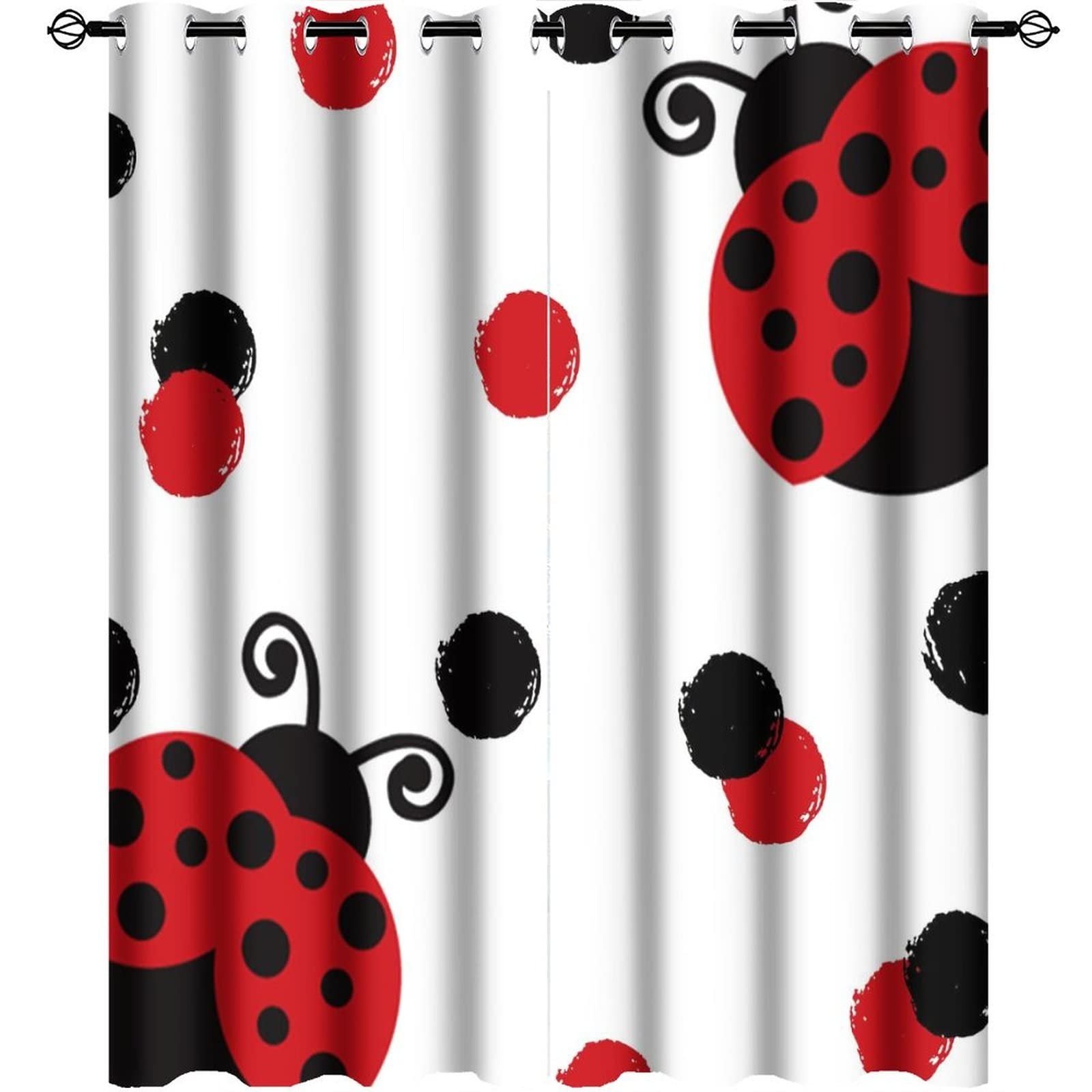 Cute Red Ladybug Blackout Curtains - Watercolor Cartoon Girl Room Decor Red&B...