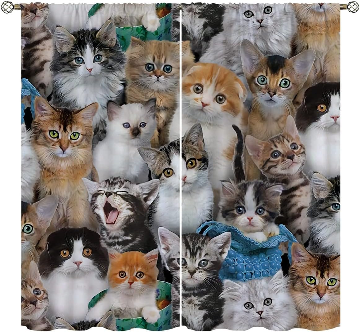 Cat Blackout Curtains Home Decor,Cute White Cat Black Kitten Funny Kitty Rod Poc