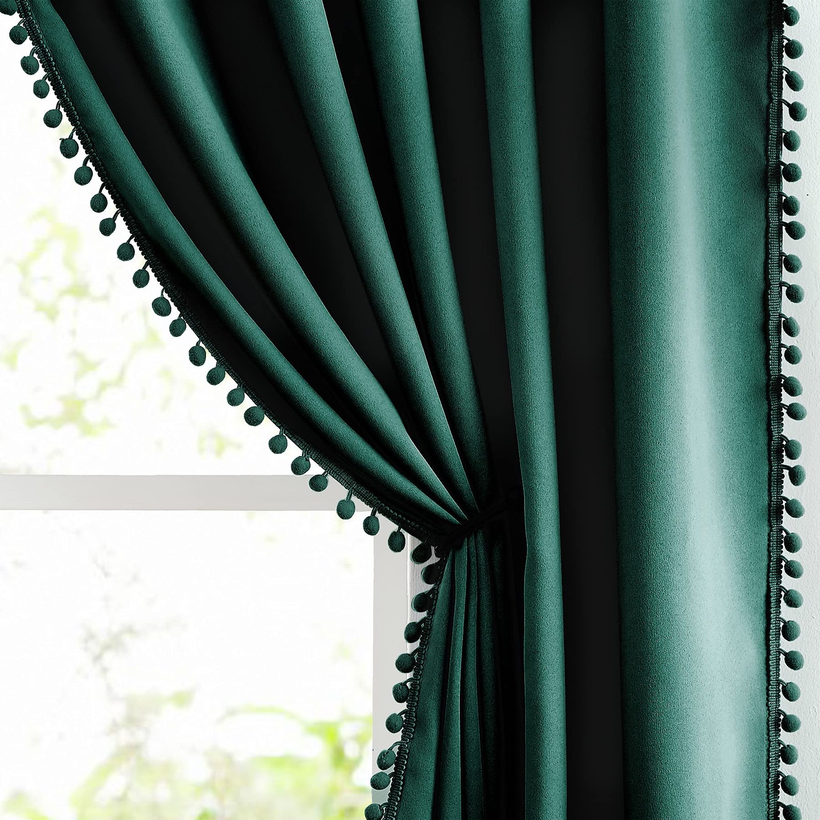 Green Blackout Curtains for Bedroom 84 inch Pom Pom Windows Drapes Cute Decor...