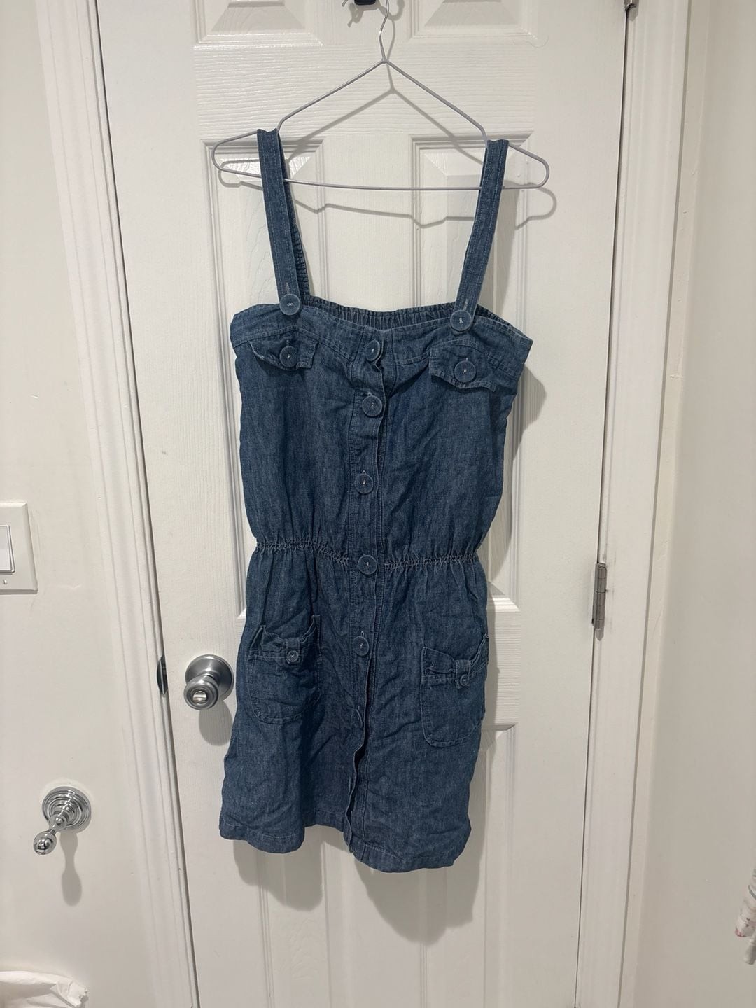 Vintage Style Button-Front Denim Pinafore Overall Dress with Elastic Waist and P