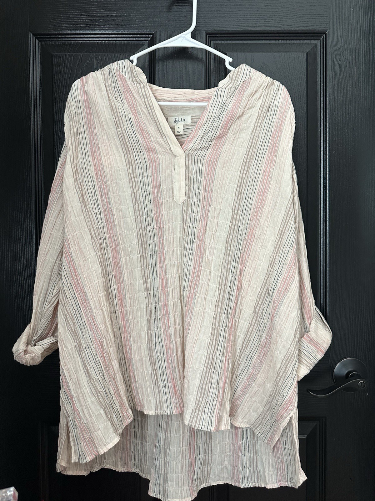 Style & Co Blushing Striped Woven Split Neck Blouse XL Long Sleeve