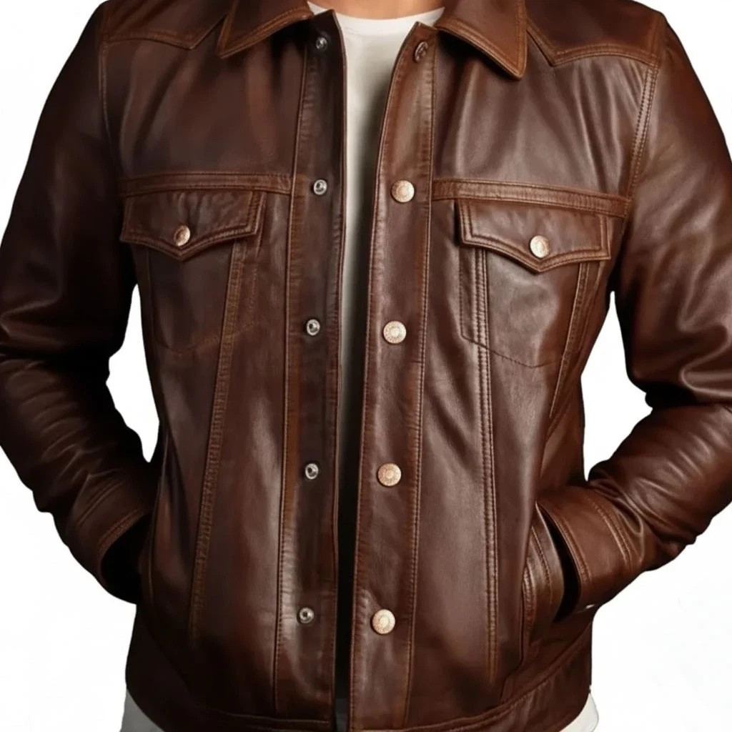 Men's Genuine Brown Cowhide Leather Trucker Jacket Button-Front Style Jacket