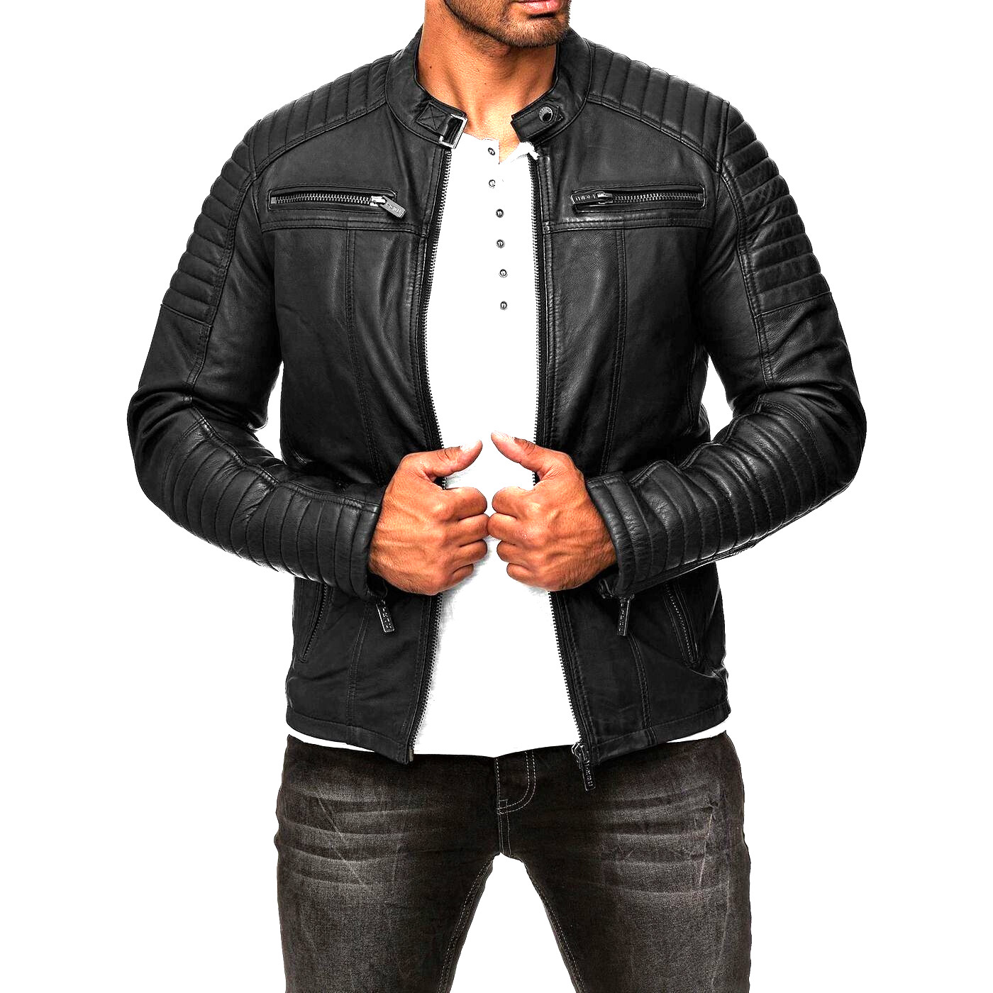 Cafe Racer Style Men's Leather Jacket Genuine Sheep Skin Motorcycle Biker Black