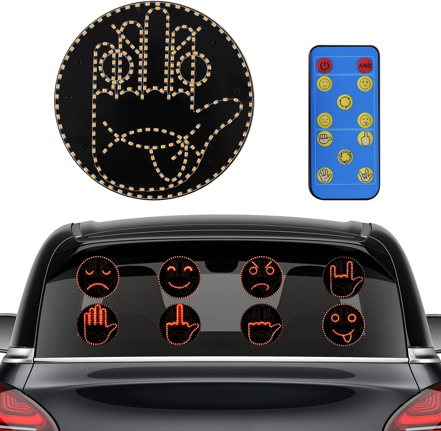 4 Emojis and 4 Gestures Middle Finger Car Light with Remote, Road Rage LED Sign 