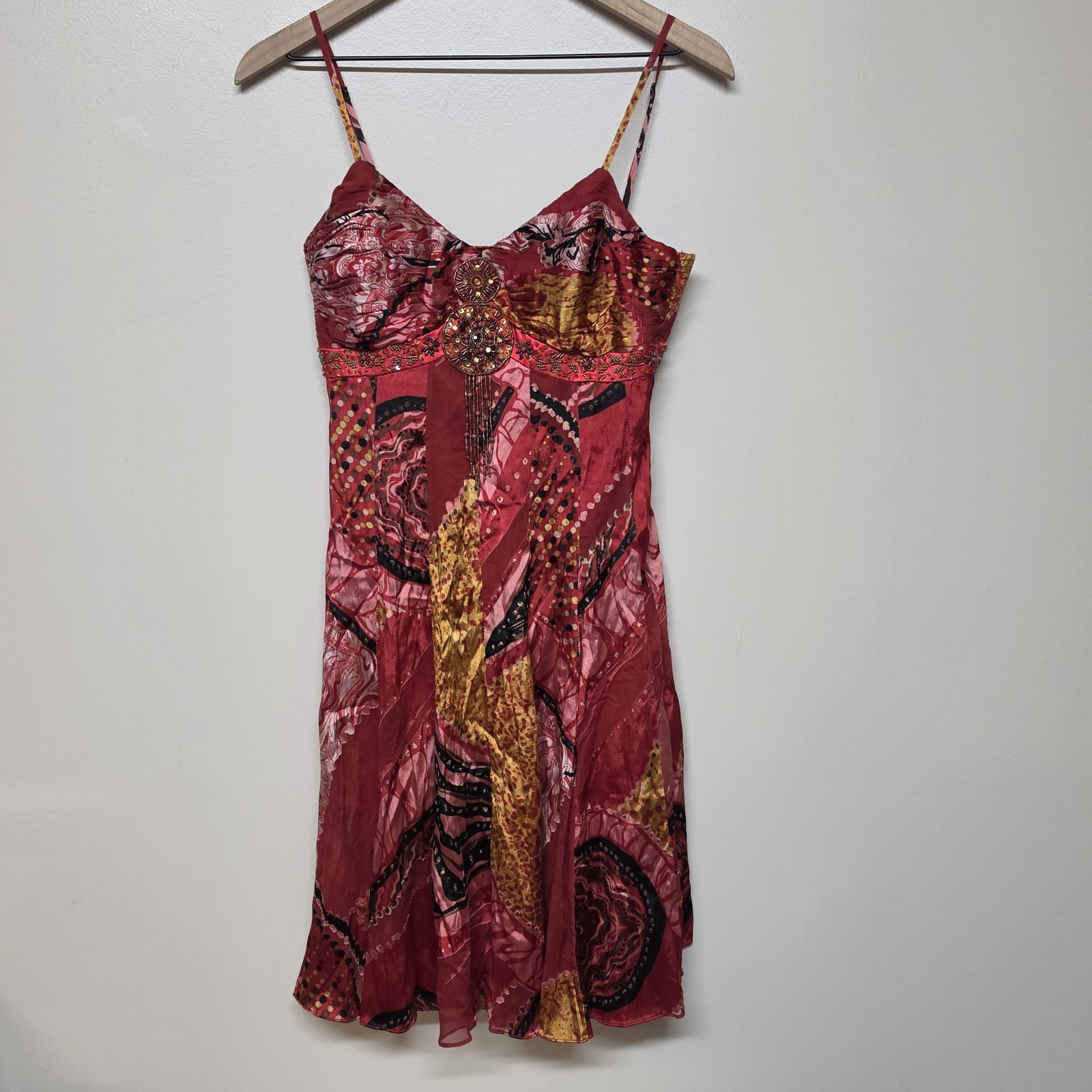 Sue Wong Dress Womens 4 Y2K Fairy Whimsical Beaded Boho Red Silk Party Slip Mini