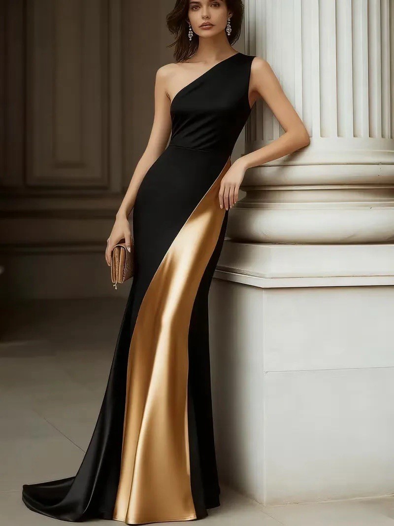 Satin Maxi Long Evening Dress Silk Look Gown Prom Dress Gold Black Wedding Guest