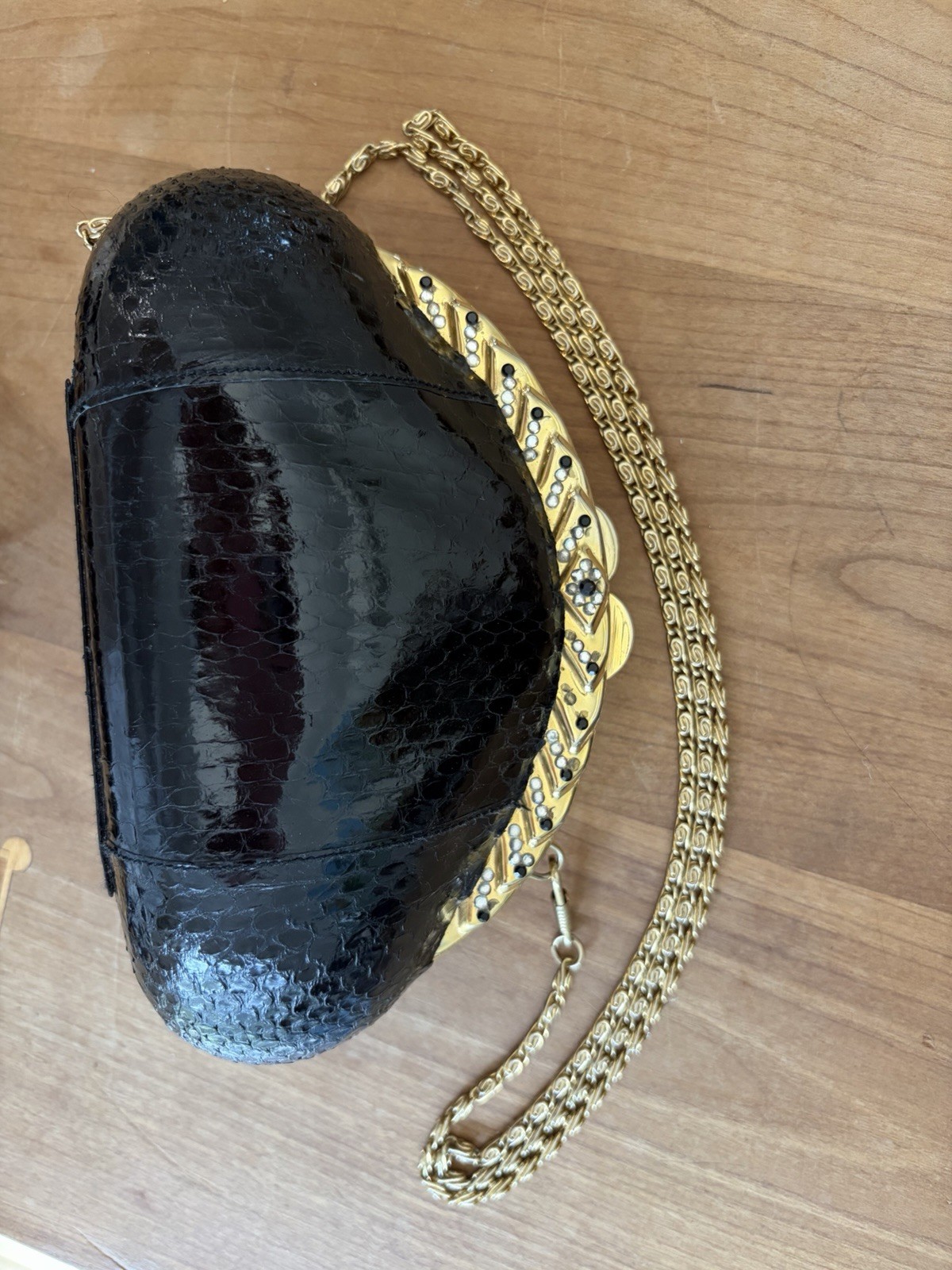 Black Crescent Evening Bag Gold Chain Strap Gold Tone Hardware Art Deco Vintage