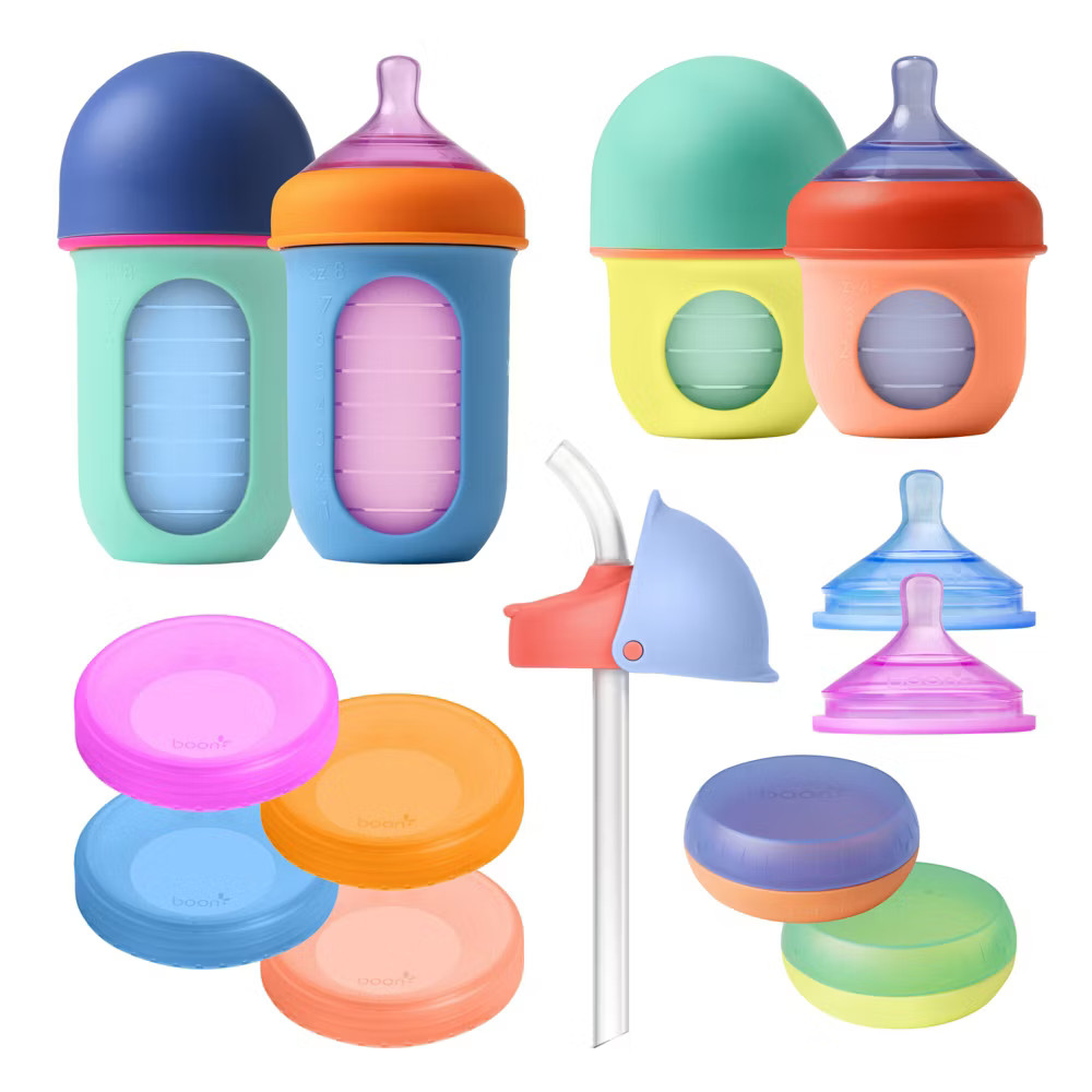 Boon Nursh Reusable Silicone Pouch Baby Bottle Grow-with-Baby Bundle Gift Set -