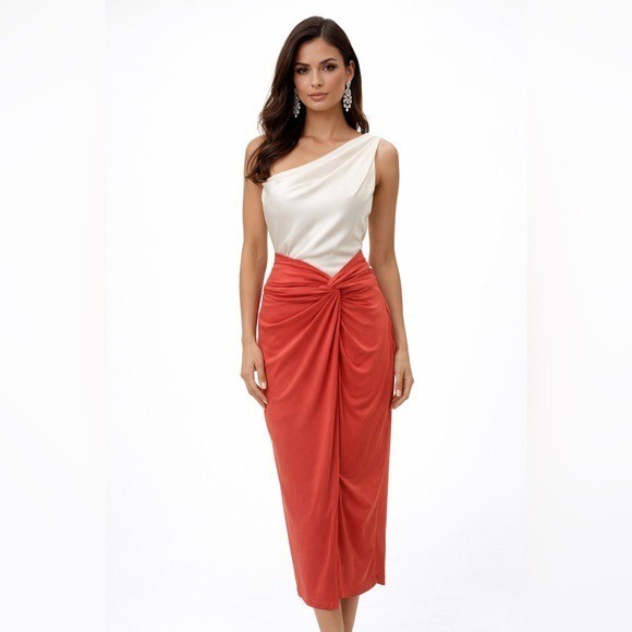 Express Coral Draped Midi Skirt with Twist Waist Sophisticated Evening Look