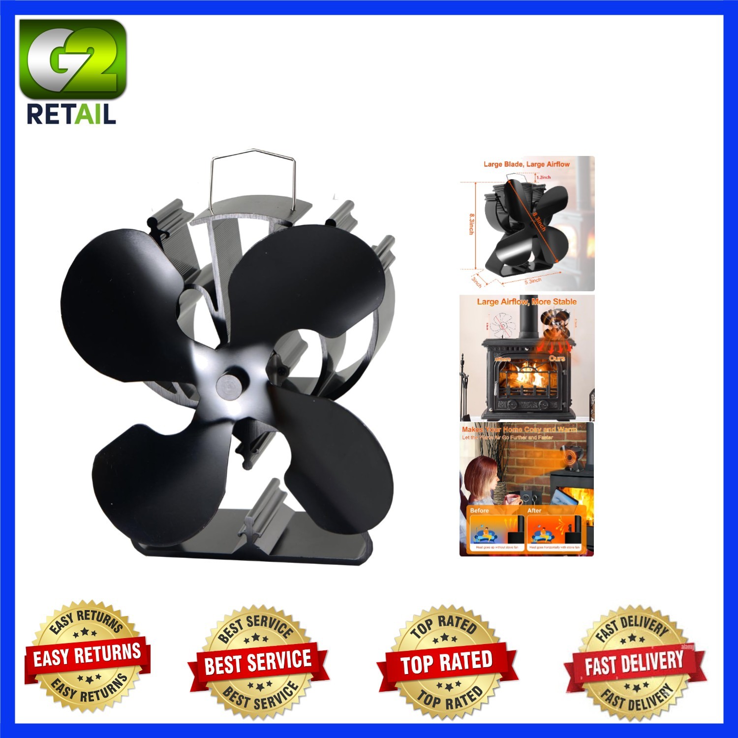 Durable Heat Powered Stove Fan with 4 Blades – Ideal for Cozy Living Spaces