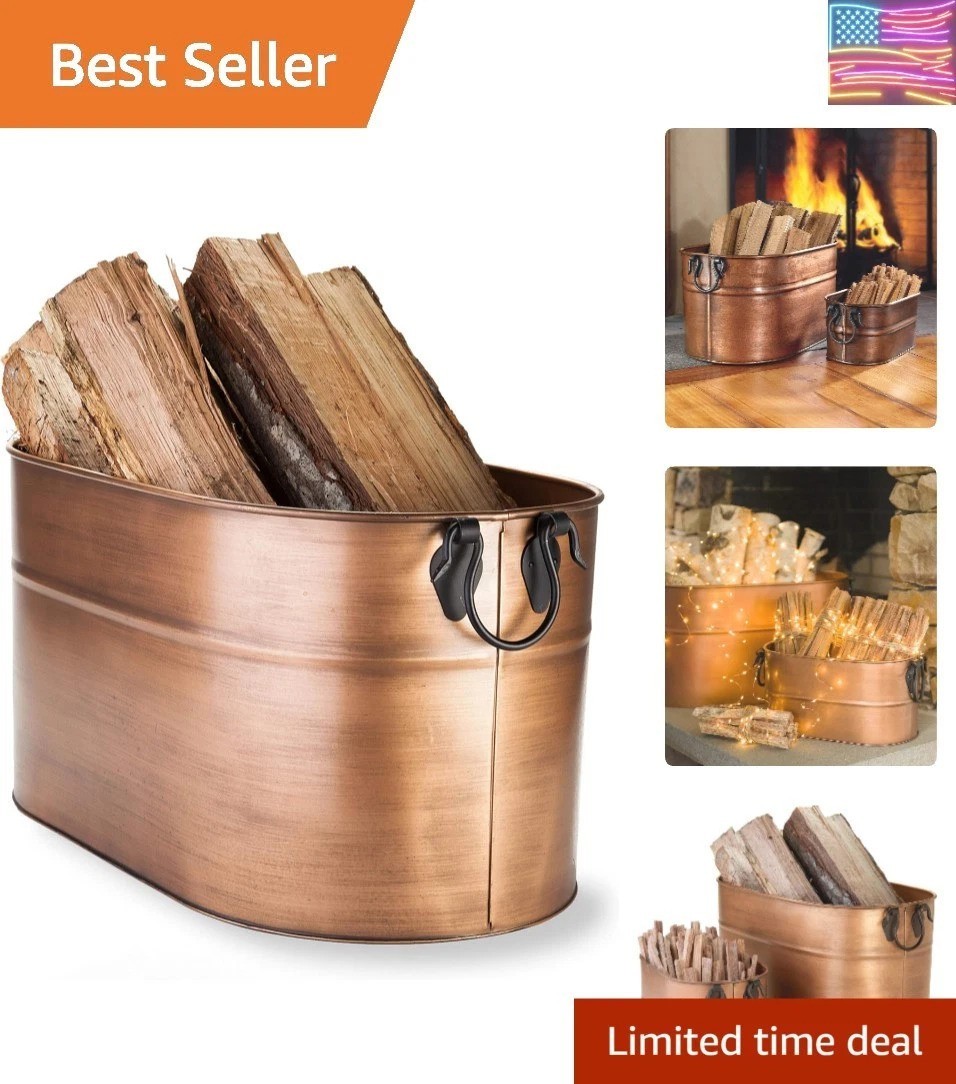 Vintage-Style Antique Copper Firewood Bucket with Wrought Iron Handles | Deco...
