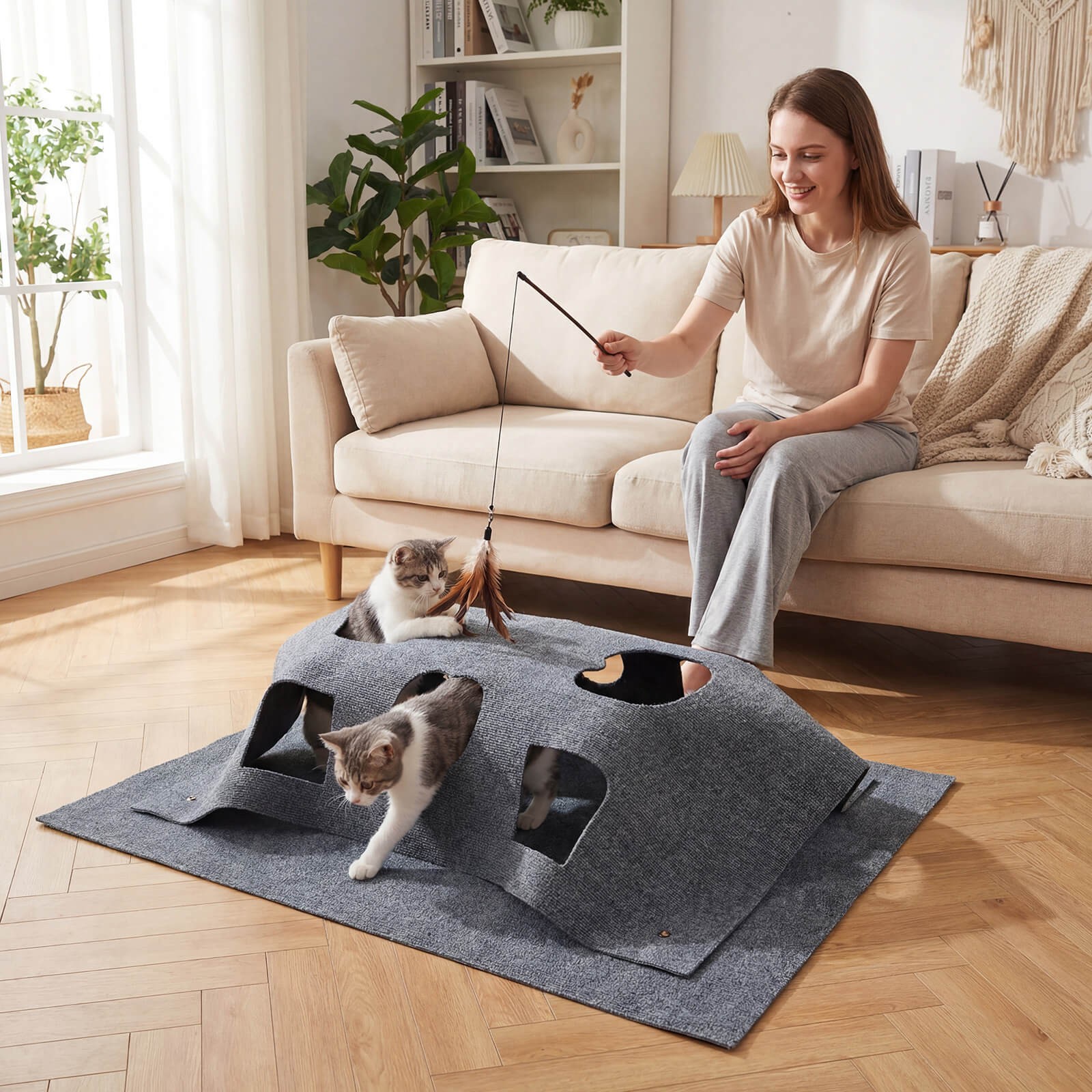 48” x 36” Interactive Foldable Cat Tunnel with 8 Funny Cat Holes, Pet Accessory