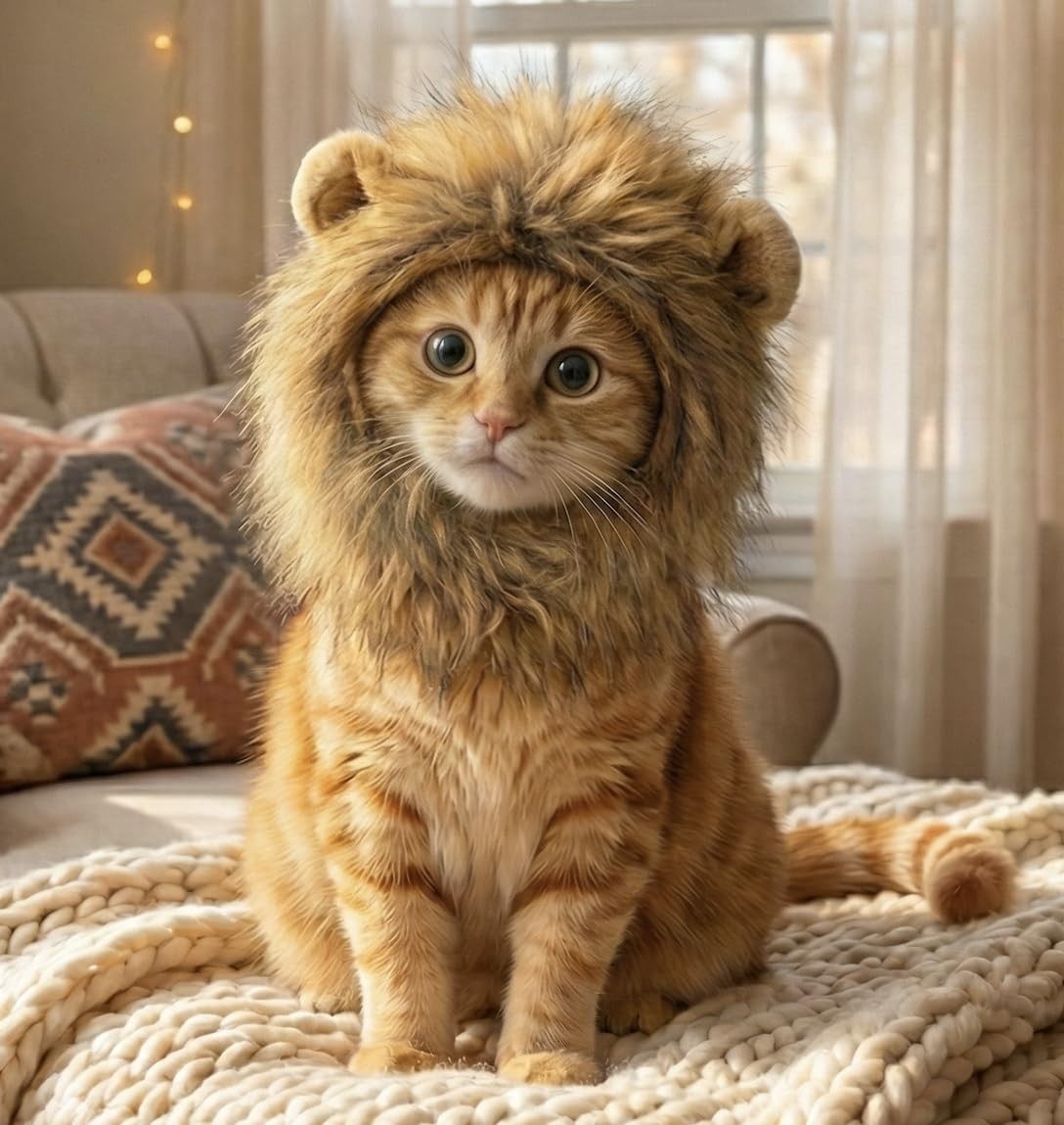 Lion Mane Cat Costume - Funny Pet Dress Up, Halloween Outfit, Cat Accessories