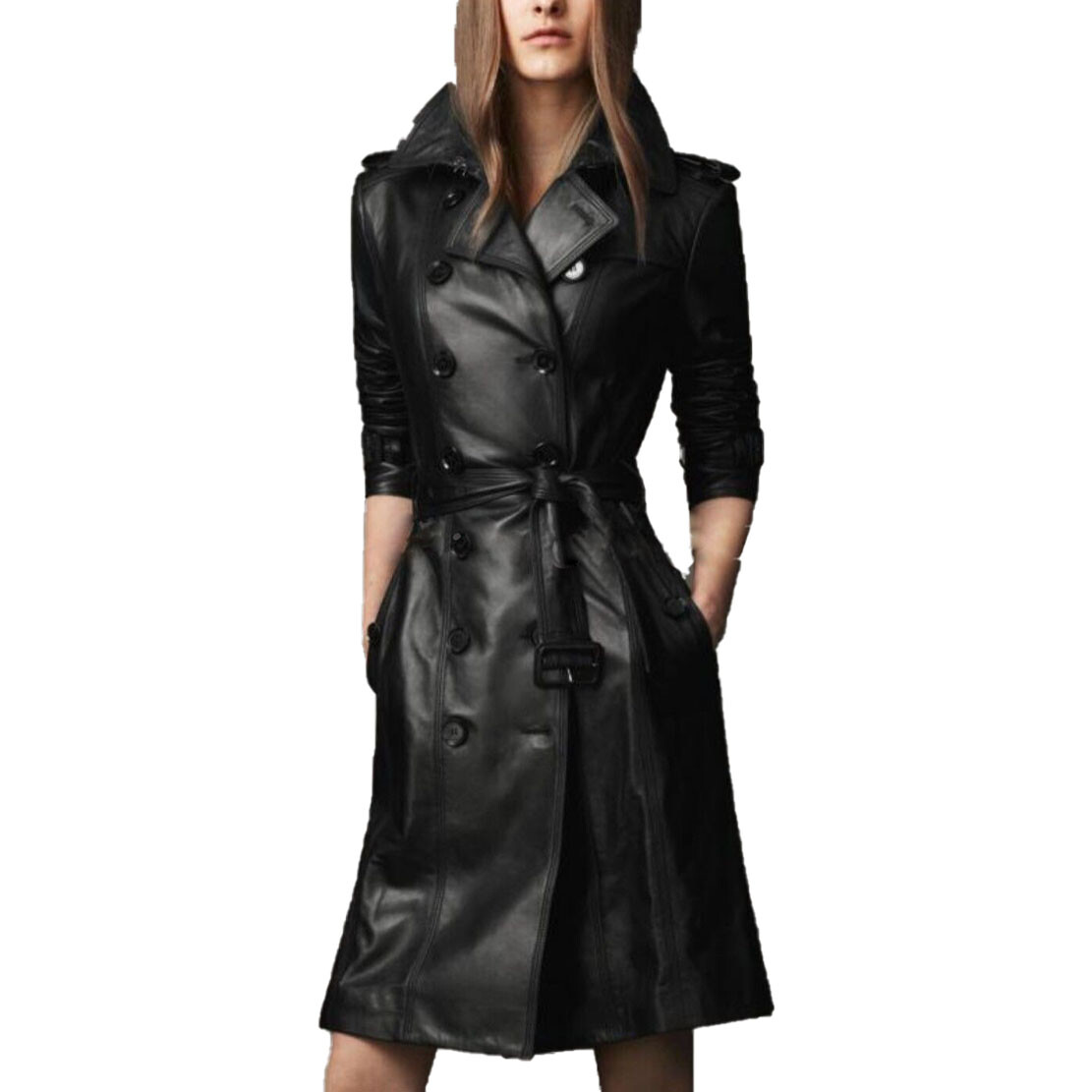Handmade Women's long Black Genuine Soft Lambskin Leather Stylish Coat
