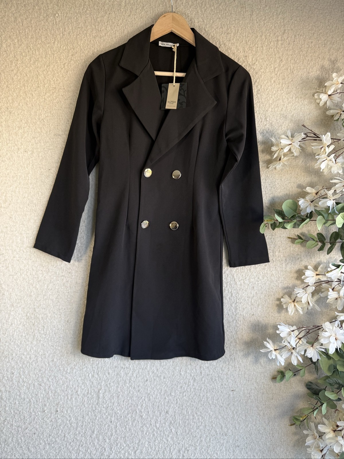 New Collection Black Double Breasted Coat Size L Stylish Chic Outerwear