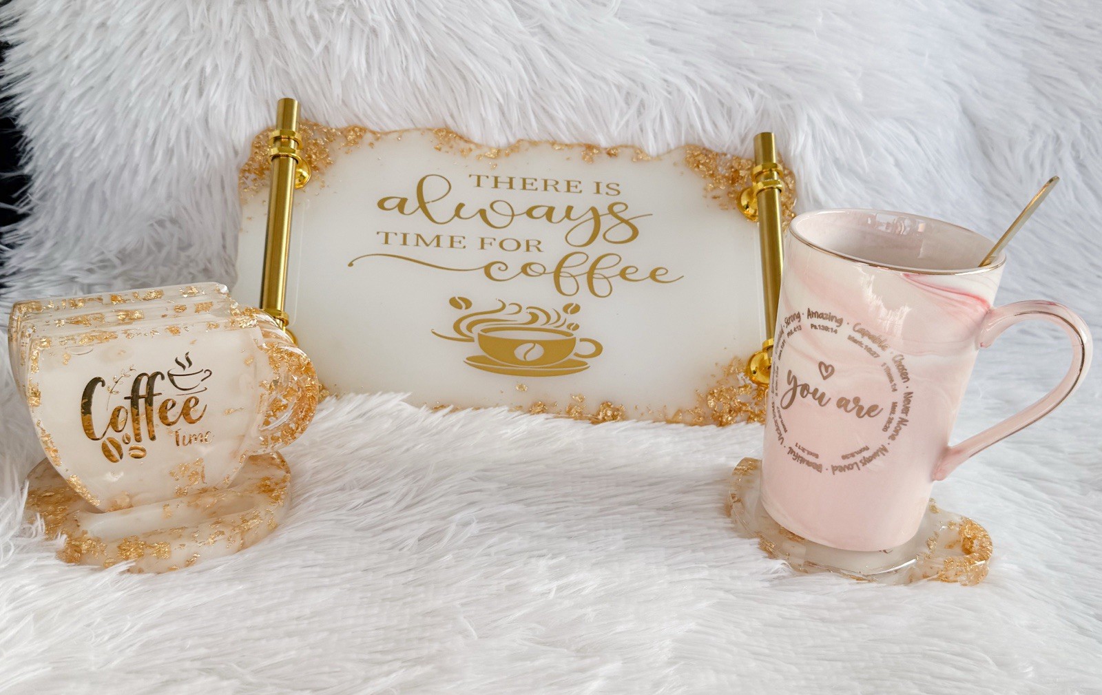 Modern  Coffee Bar Tray Set Resin with Shaker Coasters Handmade Home Decor Gift