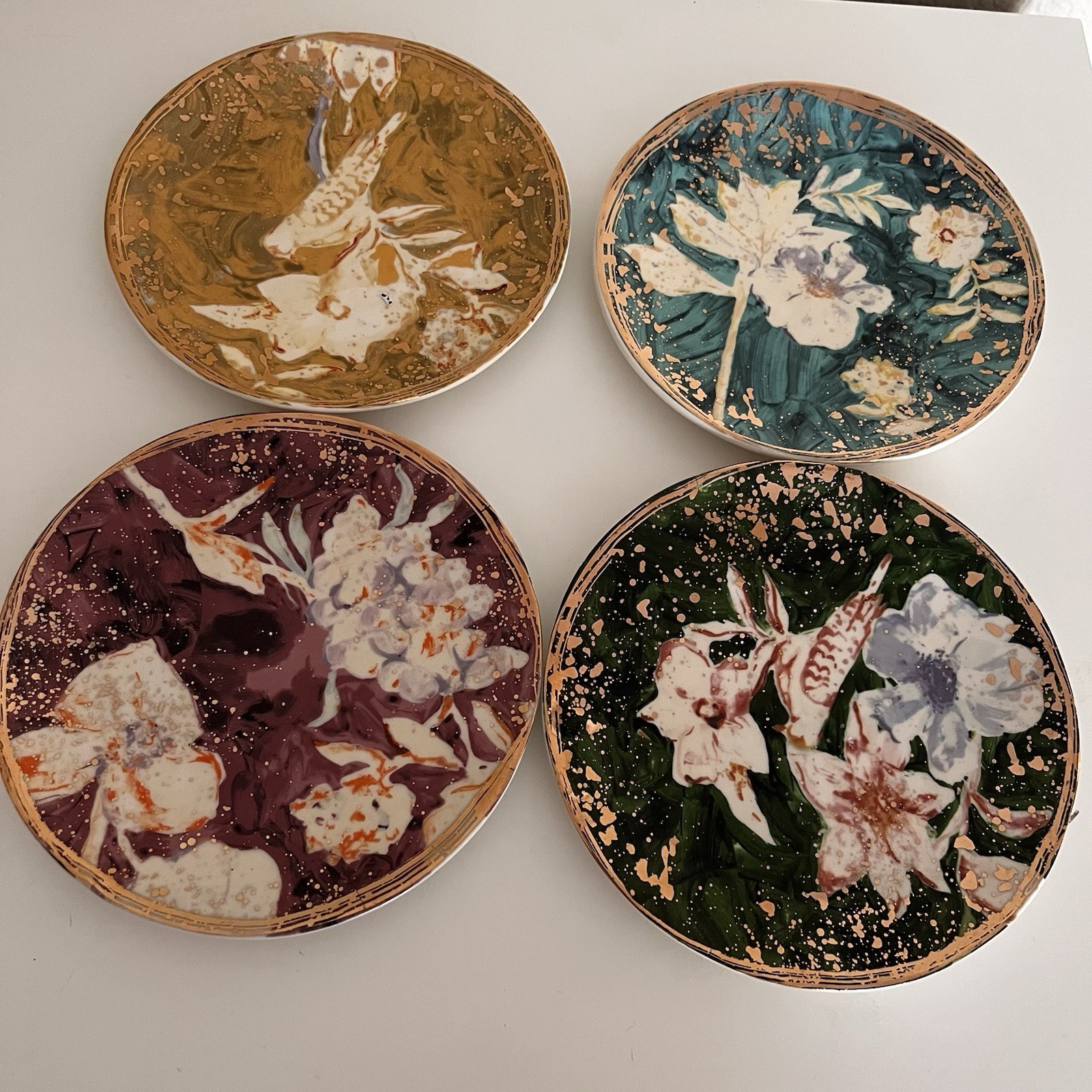 Anthropologie Floral Painted Ceramic Dessert Plates Set of 4 Multicolor Round