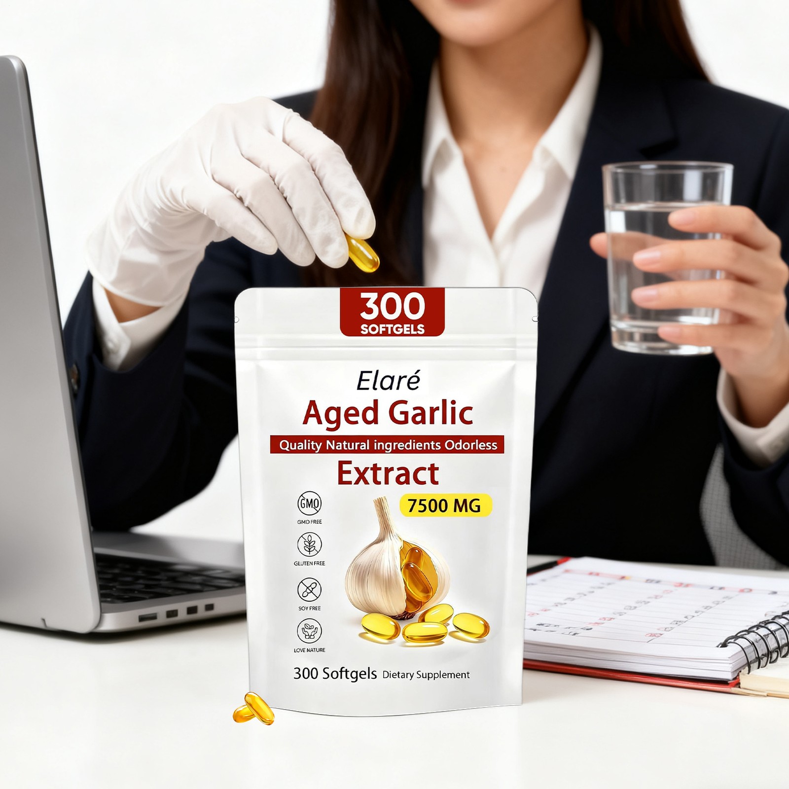 Elare Aged Garlic Extract, 300 Softgels, 7500mg Odorless | Heart & Immune pack 1