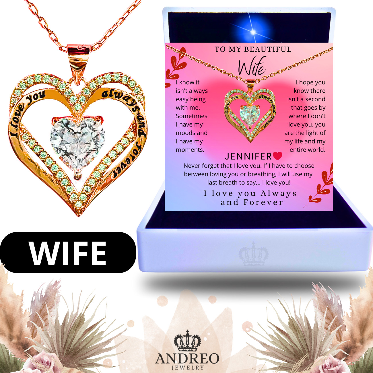 18k Wife CUSTOM Heart Necklace Gift From Husband Birthday Gifts Mom by ANDREO