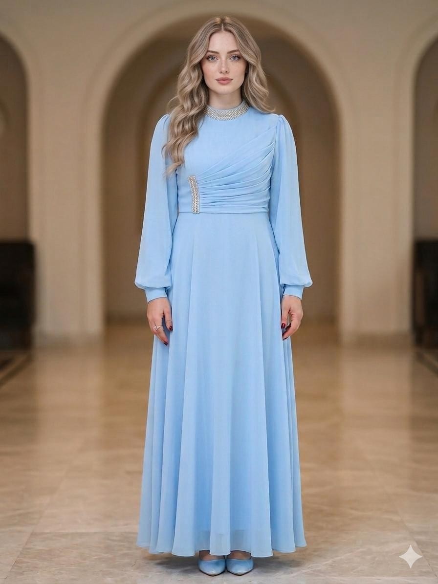 Elegant Sky Blue Evening Gown - Long Sleeve Formal Dress - Size M
