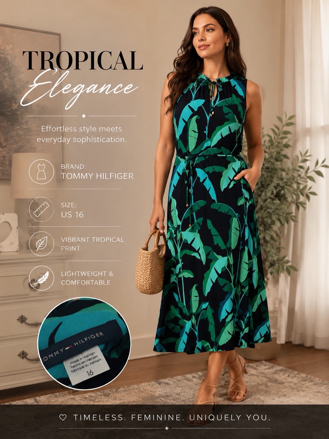 Tommy Hilfiger Tropical Leaf Midi Dress Size 16 Elegant Style
